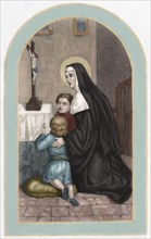 Saint Rita of Cascia (1381-1457). Colored engraving.