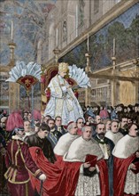 Pope Leo XIII giving a blessing Urbi et Orbi, after the Pontifical Mass from the gestatorial chair.