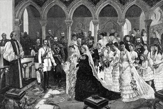 The Queen Victoria I of England at the wedding of the Princess Beatrice and Prince Henry of Battenberg.
