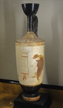 White-ground lekythos: Woman and Youth by the Gravestone.