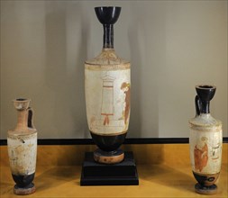 White-ground lekythos: Woman and Youth by the Gravestone.