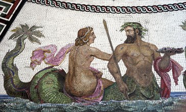 Replica of the Roman mosaic of the Baths of Ocriculum, Italy. Detail of a Triton and a Nereid.