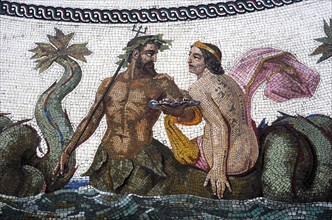 Replica of the Roman mosaic of the Baths of Ocriculum, Italy. Detail of a Triton and a Nereid.