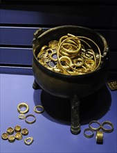 Treasure. Chauldrom with currency gold, gold buttons, finger rings.
