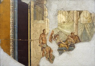 Roman fresco depicting parts of an edicle and a banquet scene.