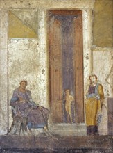 Roman fresco depicting Paris, seated, awaits the prize promised to him by Aphrodite.