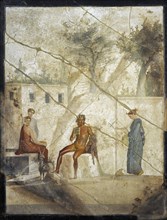 Roman fresco depicting Pan playing the double flute with a nymph playing the lyre and two other nymphs accompanying them.