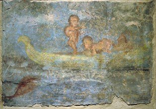 Nilotic scene with three pygmies in a papyrus boat.