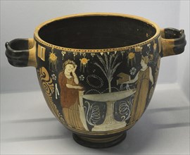 Pyxis depicting two women in a toilette next to a louterion.