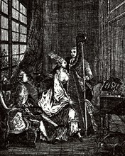 Society. 18th century. Musician. Harpist. Engraving.