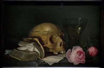 A Vanitas Still Life with a Skull, a Book and Roses.