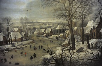 Winter Landscape with skaters and a bird trap.