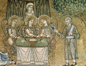 Three angels hosted by Abraham. Bible scene. Mosaic, 13th c. Atrium. St. Mark's Basilica. Venice. Italy.