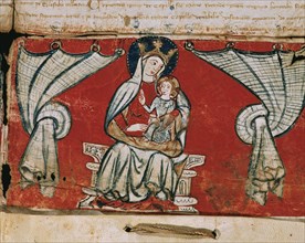 Concession indulgences of the Virgin from La Rodona in Vic. 1342. Miniature. Virgin and child. Spain.