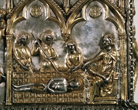 Reliquary casket of Saint Cucuphas. Wooden gilded silver. 14th Century. Detail. Saint Cucuphas martyred over a grill before Maximian. Ca. 1303. Spain.
