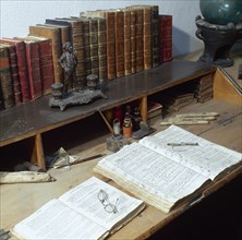 Spain. Catalonia. Llivia. Antique desk. Museum of Esteve Pharmacy.
