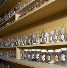 Spain. Catalonia. Llivia. Old pahrmacy bottles. Museum of Esteve Pharmacy.