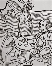 A Man looking for a deer tears for being aphrodisiac. Xilografia. Hortus Sanitatis by Johannes de Cuba (1430-1503).