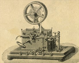 Morse System. Morse telegraph reciever. Engraving 19th century.