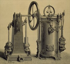 Submerged pump pistons. Supply cities. Engraved by Decreef. La Ilustracion Espanola y Americana, 1878.