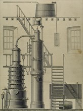 Egrot apparatus. Alcohol destillation. Exposition of Paris, 1878. Engraving by Victor Rose.