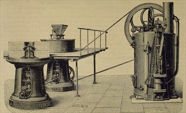 Mill and installation for grinding. Engraving by Decreef. La Ilustracion Espanola y Americana, 1878.