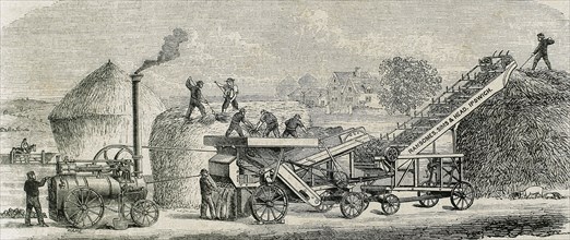 Threshing machine with steam. Industrial Revolution. Engraving. 19th c.