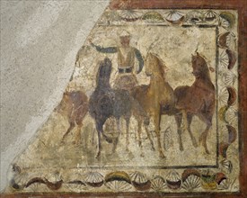 Auriga winner on quadriga (chariot of four-horse). Roman painting. Domus. 4th Century. Merida. Spain.
