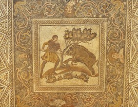Scene of wild boar hunt, mosaic uncovered in Merida (Augusta Emerita), Spain. Roman, 4th c.