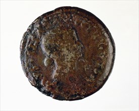 Roman coin. Dupondius. Adverse with portrait of Livia, wife of Augustus. Brass. 1st century BC. Merida. Spain.