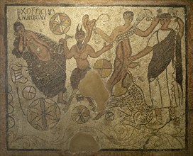 Roman mosaic of Bacchic scene from workshop of Anmus Ponius. From Merida, Spain. 4th C. Spain.