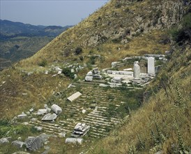 Ruins of a temple on the mountainside.