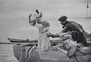 Two women and one man in a fishing boat while fishing