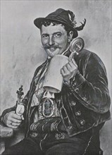 Bavarian man wearing traditional dress and holding a beer mug and a pipe