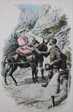 man gives a cup with fresh water to a woman on a mule