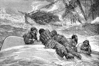 Shipwrecked escape from a capsized boat into the sea  /  Schiffbrüchige retten sich von einem gekenterten Boot ins Meer