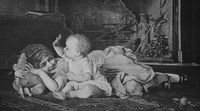 a child and a baby playing together in the room on the floor with a doll  /  Ein Kind und ein Baby spielen zusammen mit einer Puppe im Raum auf dem Boden
