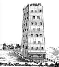 siege tower or breaching tower or siege engine from the time of the second crusade  /  Belagerungsturm