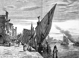Canal scene in late 19th Century in the city of Chioggia