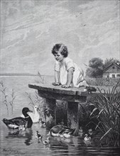 little girl kneels on a pier at the lake and watches a duck family