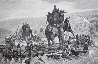 Hannibal crosses the river Rhone with his elephants