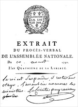 Facsimile of the decree of the National Assembly of 10 August 1792