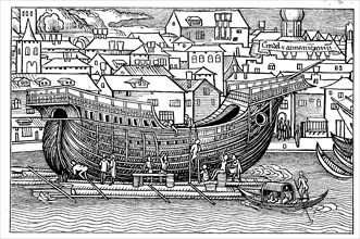 A large ocean-going vessel under construction of the Hanseatic League of Cities in the 15th century