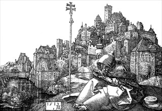 German townscape at the beginning of the 16th century after an engraving by Albrecht Dürer