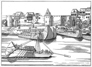 Rhine ships in front of the walls of Cologne
