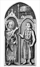 A bishop presents a crusader with the Oriflamme