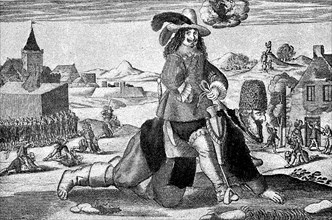 Faksimile einer abbildung auf einem Flugblatt über das Leiden der Bauern während des Dreisigjährigen Krieg