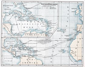historical map with an overview of Christopher Columbus travels  /  historische Landkarte mit einer Übersicht zu den Reisen des Christoph Kolumbus