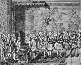 Coronation of Frederick I of Prussia in Königsberg on 18 January 1701 audience hall of the castle  /  Königskrönung von Friedrich I. von Preußen in Königsberg am 18. Januar 1701 im Audienzsaal des Sch...