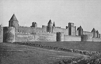 View of the old upper town of Carcassonne with double ramparts and towers dating from the 6th - 14th century France